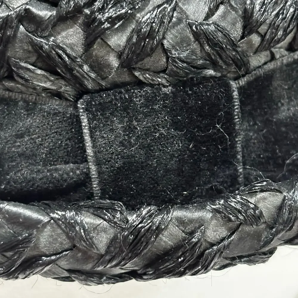 Vintage black straw pillbox hat by Winkelman’s velvet hatband upturned brim